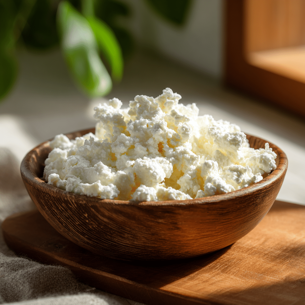 Bowl of low-fat cottage cheese on a wooden board