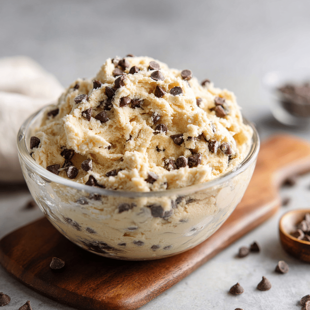 Close-up of cottage cheese cookie dough with mini chocolate chips in a clear bowl