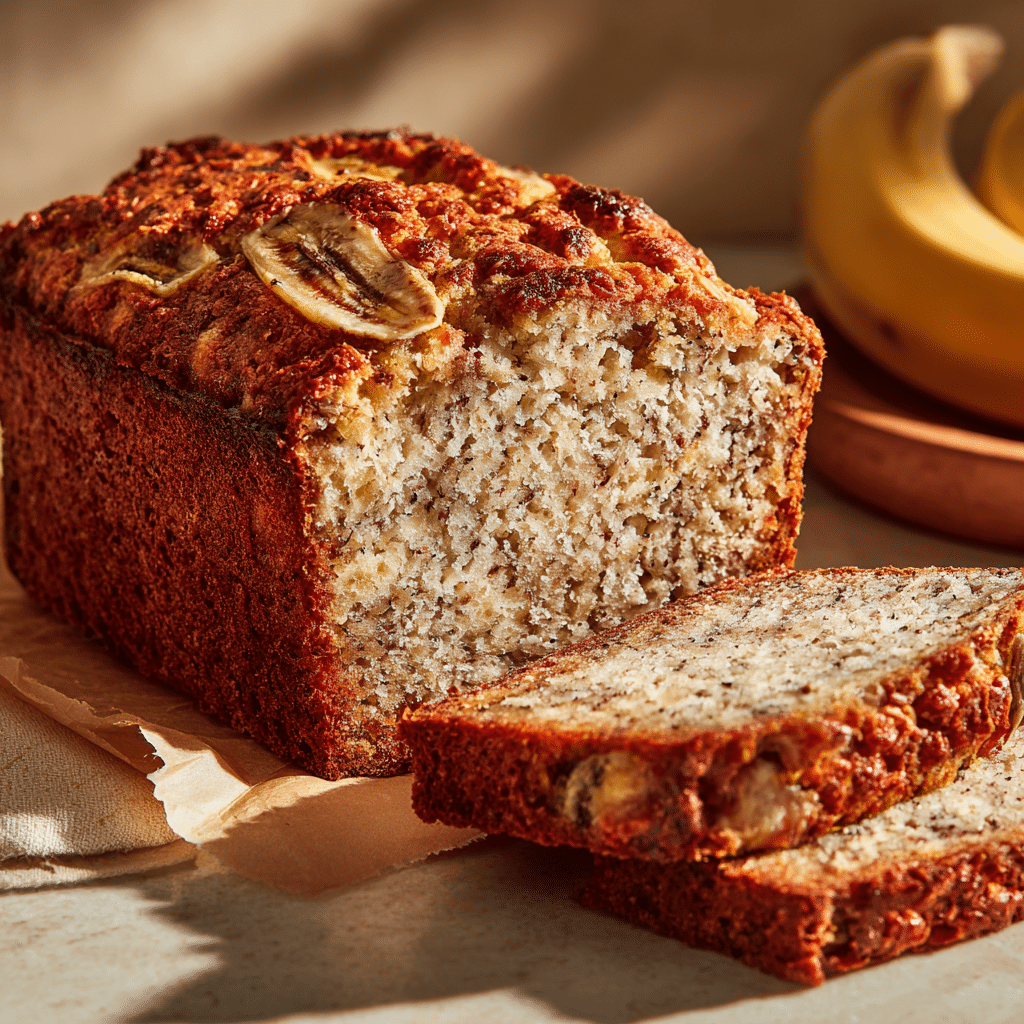 Sliced cottage cheese banana bread loaf on parchment paper with bananas in background