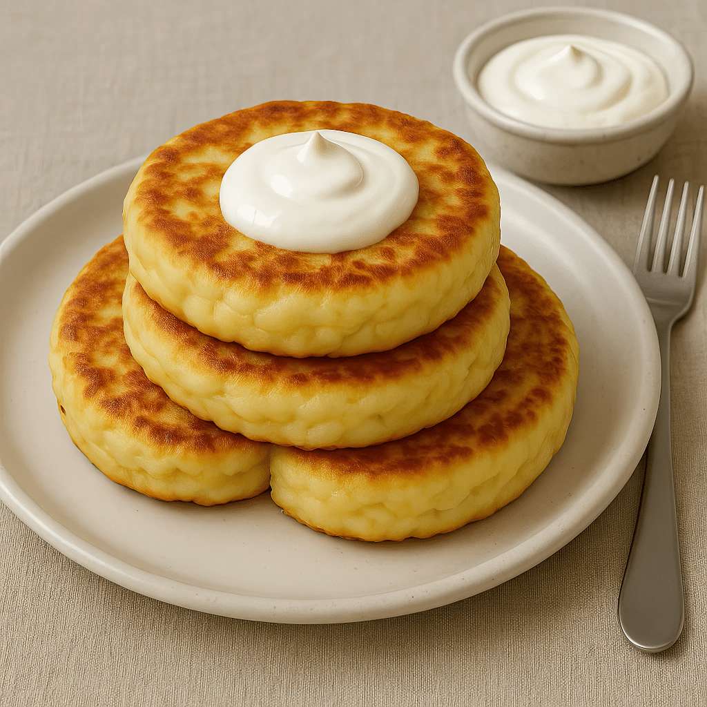 Fluffy cottage cheese pancakes stacked with a dollop of cream