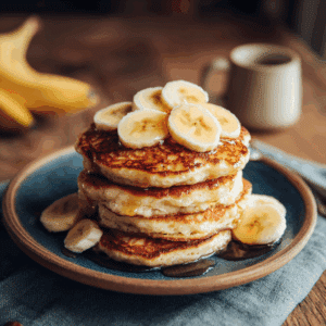 Thick stack of golden cottage cheese banana pancakes topped with sliced bananas and maple syrup
