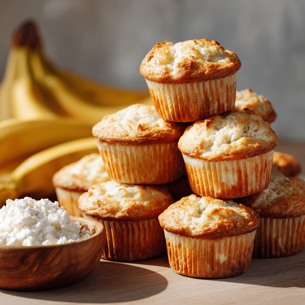 banana cottage cheese muffins served on a plate with ripe bananas and cottage cheese