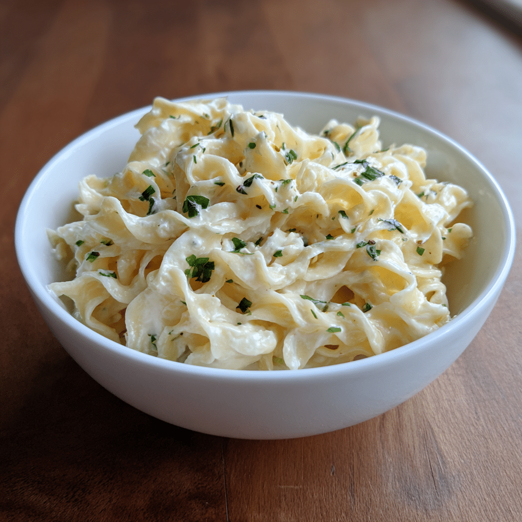 Bowl of cottage cheese noodles with visible herbs and creamy texture