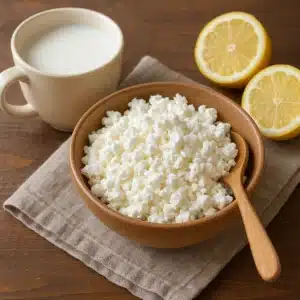 Bowl of homemade cottage cheese with lemon halves and a cup of milk