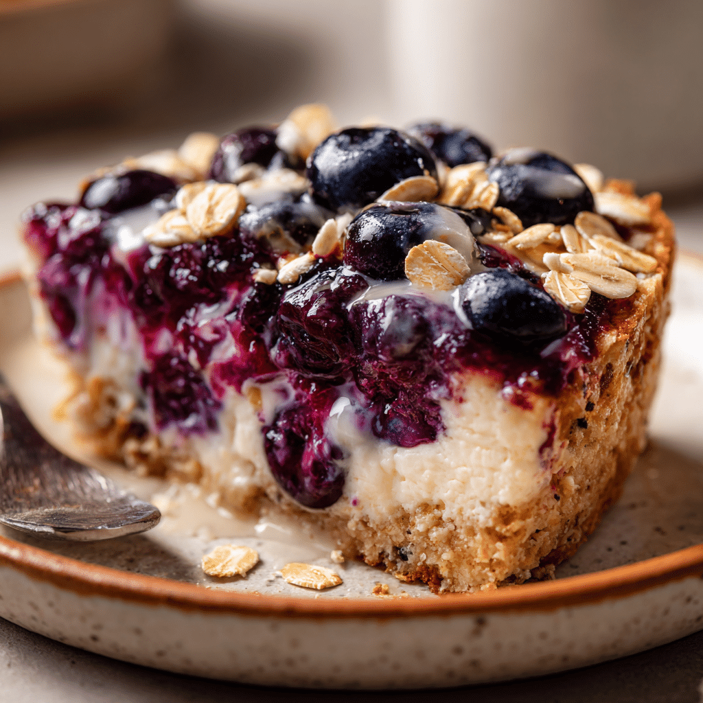 Close-up of blueberry cottage cheese breakfast bake with oats and glaze