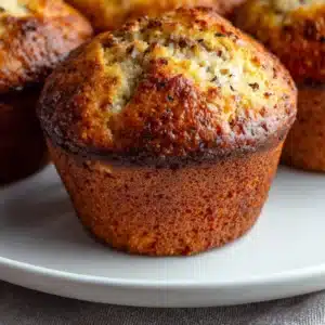 Close-up of freshly baked cottage cheese banana muffins on a white plate