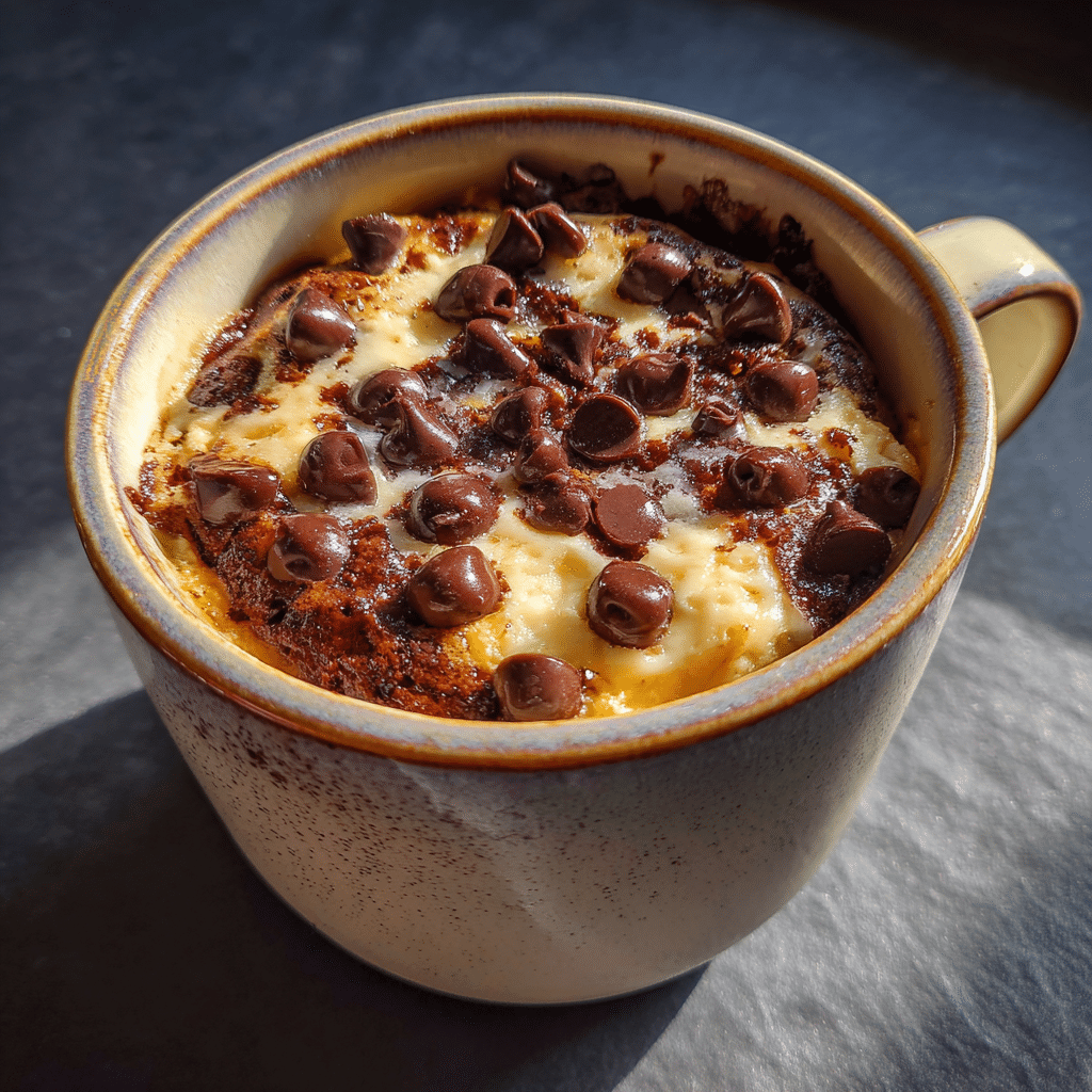 Cottage cheese microwave brownie with chocolate chips in a ceramic mug