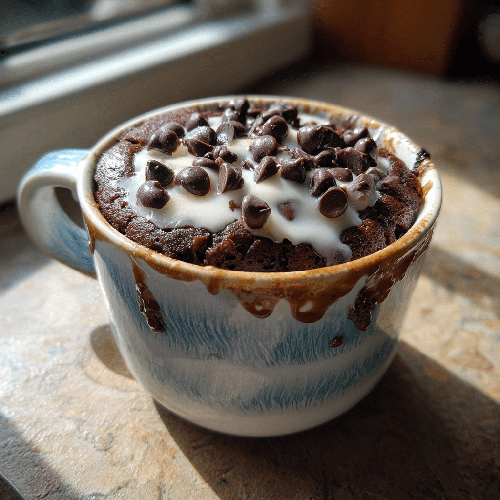 Cottage cheese microwave brownie with yogurt and chocolate chips in ceramic mug