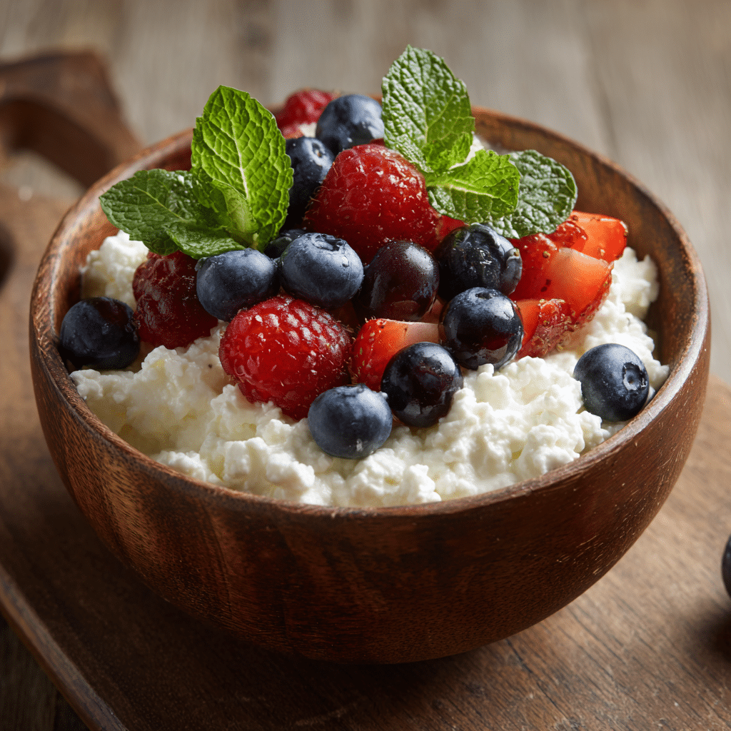 Cottage cheese topped with berries in a wooden bowl