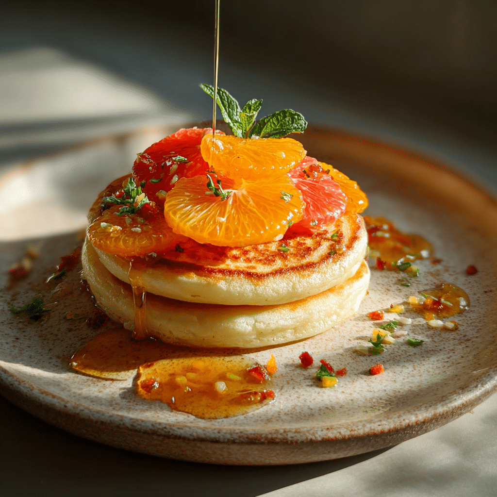 Drizzling honey over fluffy citrus cottage cheese pancakes (gluten free) with fresh citrus and mint