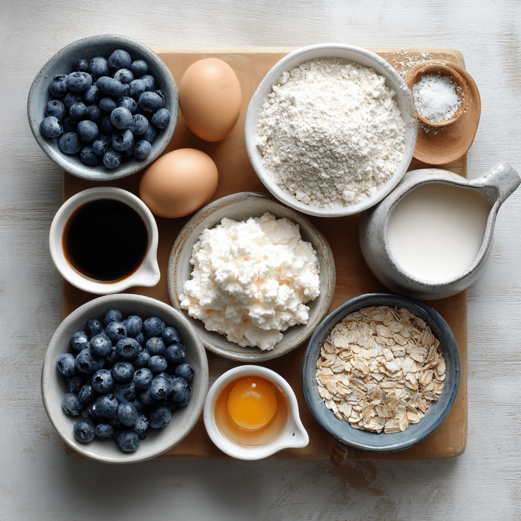 Flat lay of ingredients for blueberry cottage cheese breakfast bake