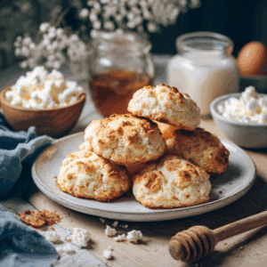 Freshly baked cottage cheese cookies on a plate with honey, milk, and cottage cheese in the background