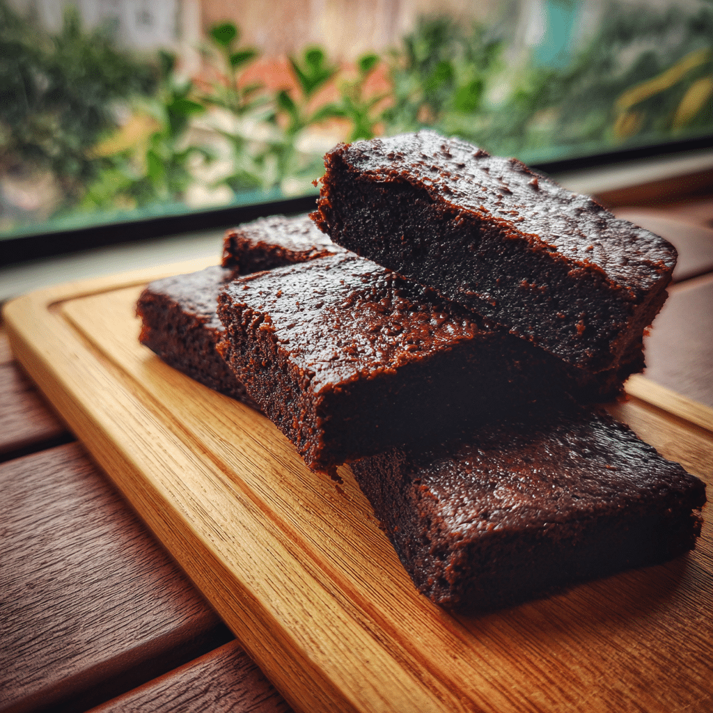 Fudgy cottage cheese protein brownies on a wooden board by a window