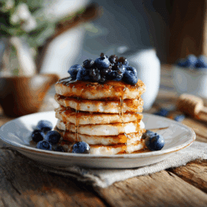 Gluten-free cottage cheese pancakes stacked with blueberries and syrup