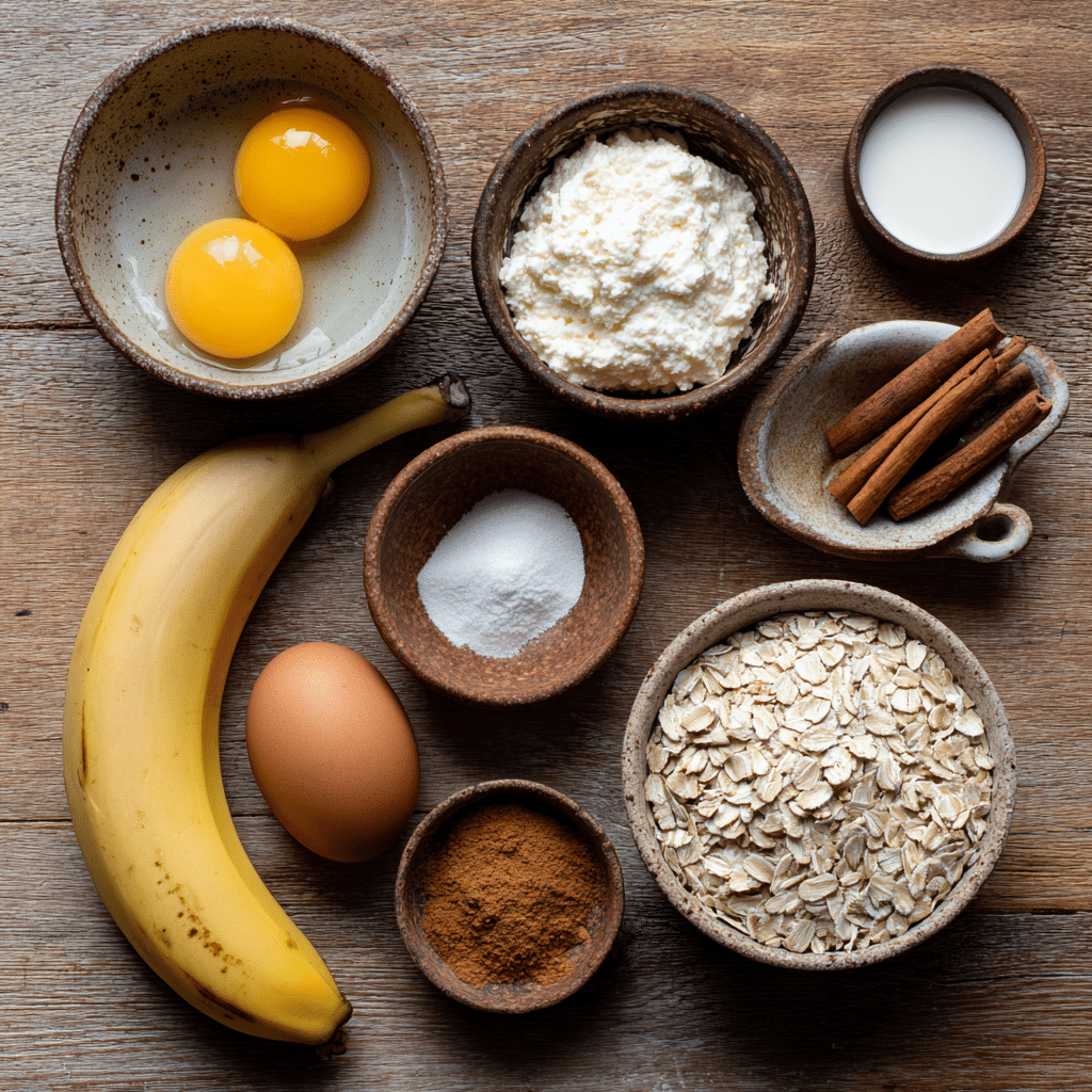 Ingredients for banana cottage cheese pancakes including banana, eggs, oats, and cinnamon