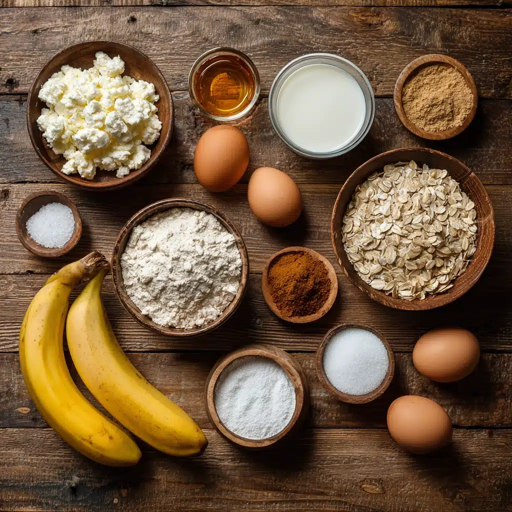 Ingredients for cottage cheese banana muffins arranged on a wooden surface