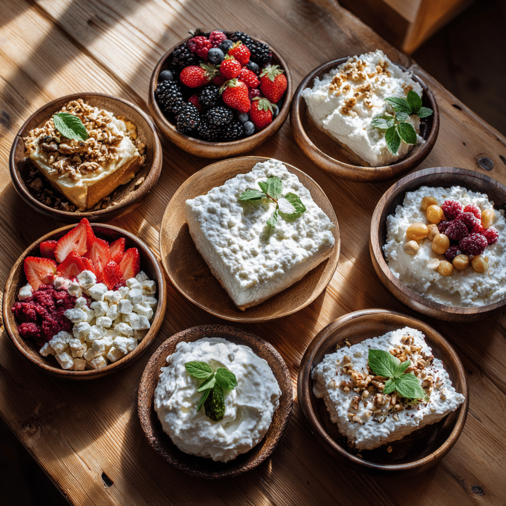 Keto cottage cheese desserts and snacks with berries, nuts, and fresh mint