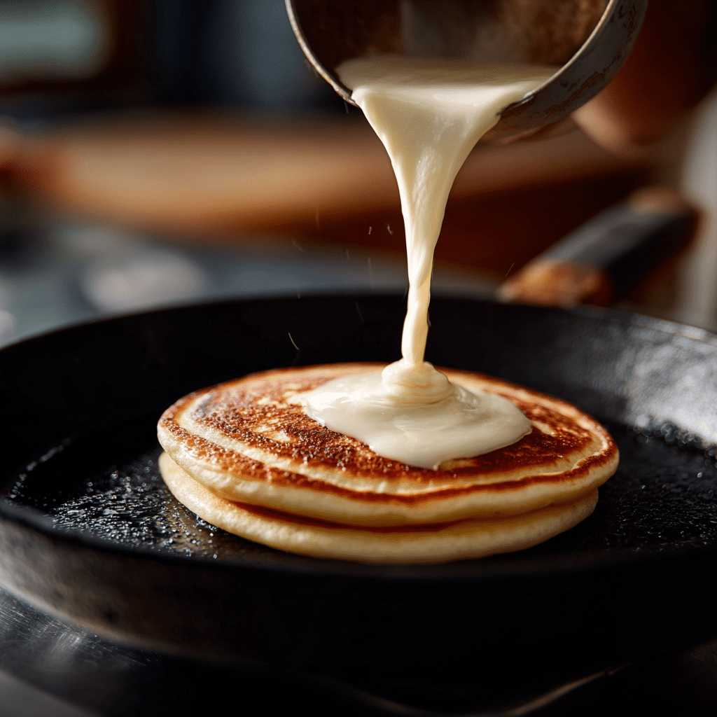 Pouring batter for fluffy citrus cottage cheese pancakes (gluten free) into a hot skillet