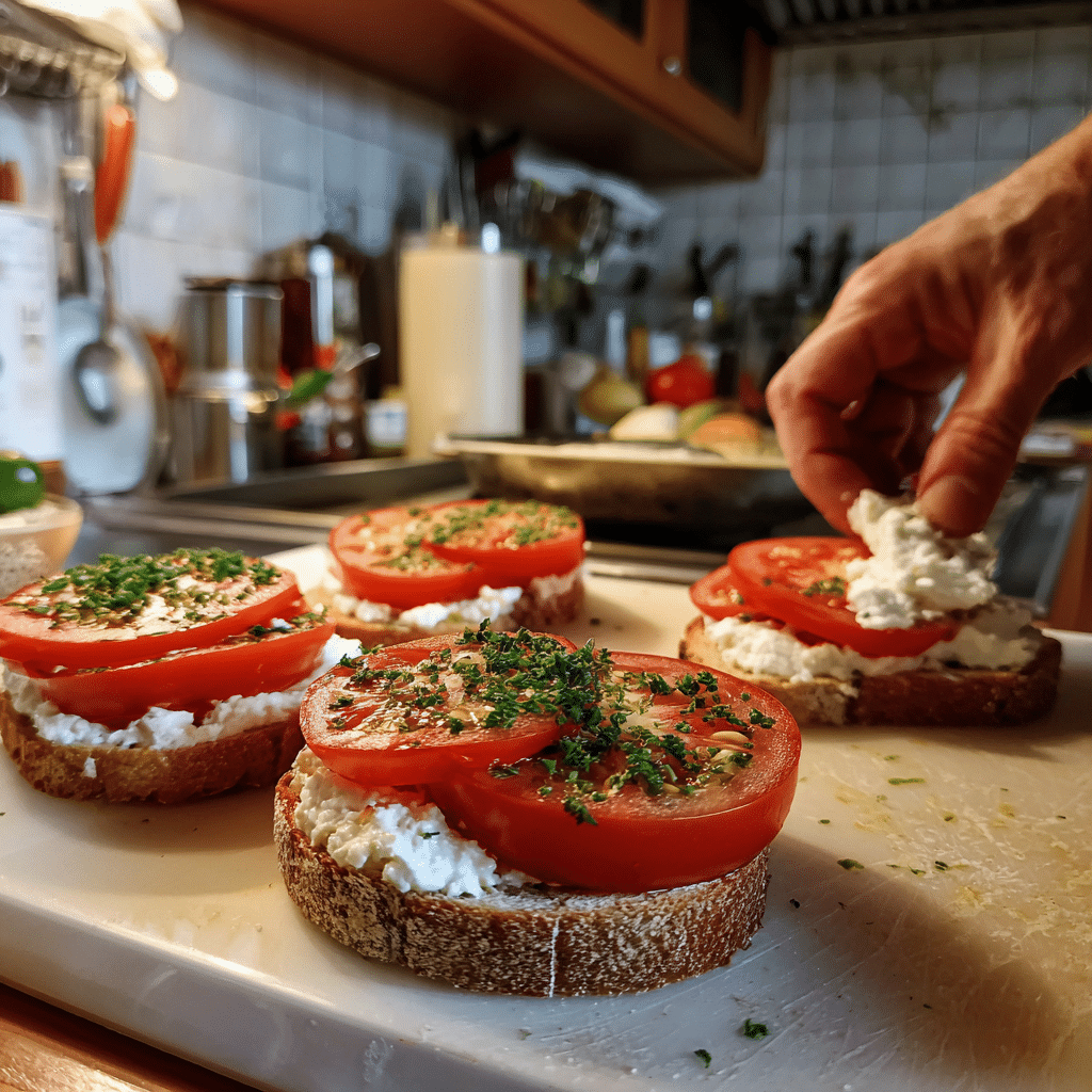 Preparing cottage cheese tomato toast in a kitchen with fresh tomato slices and herbs