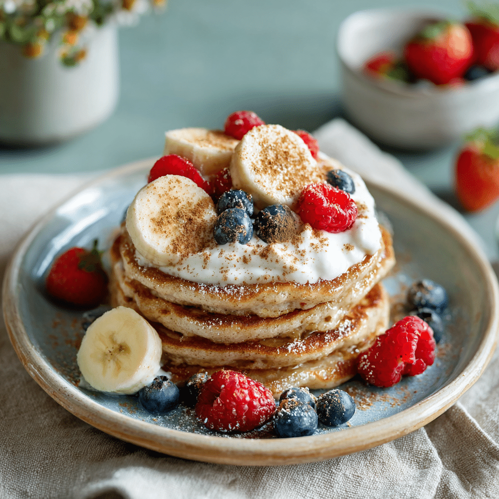 Served banana cottage cheese pancakes with yogurt, banana slices, and fresh berries
