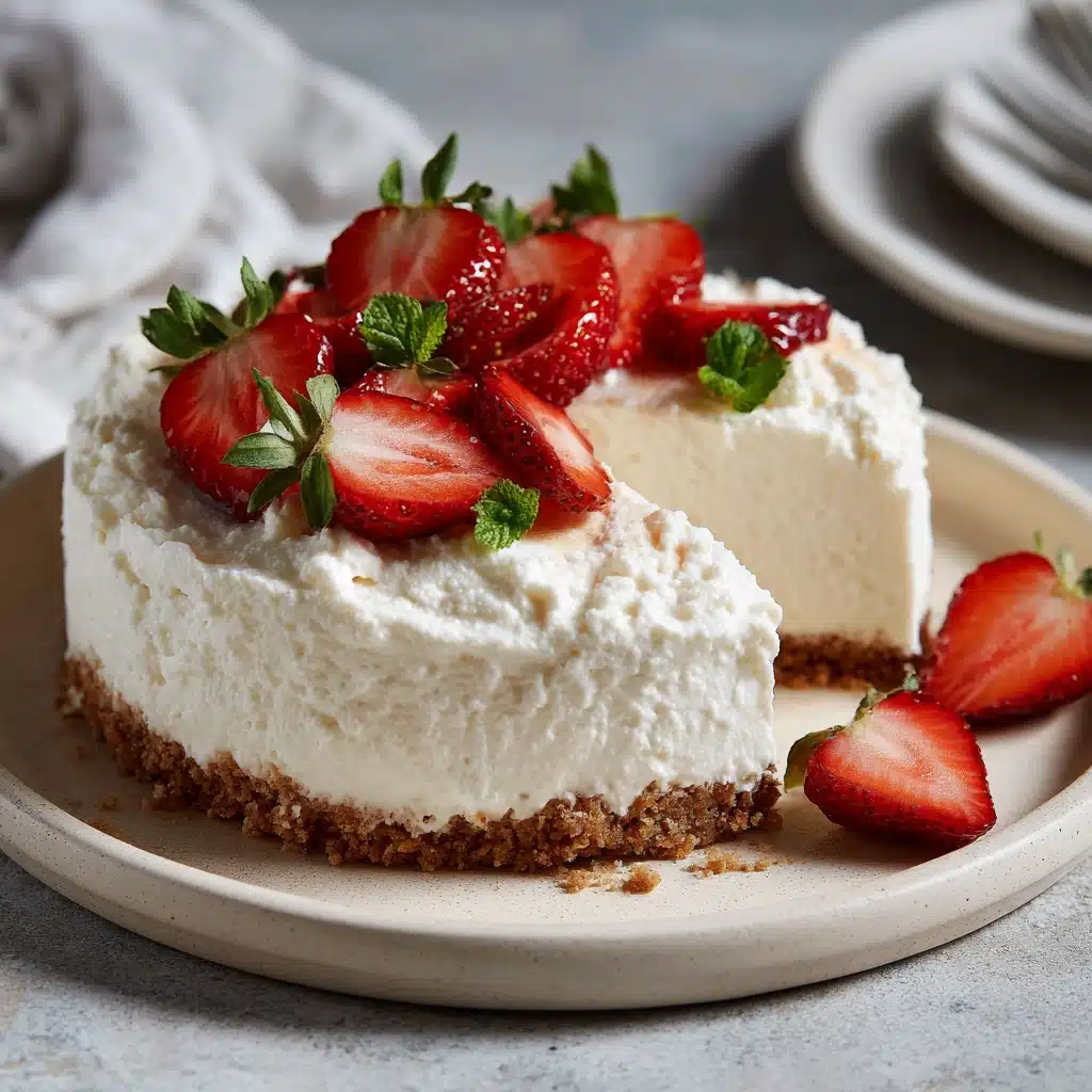 Slice of cottage cheese cheesecake no bake topped with fresh strawberries and mint