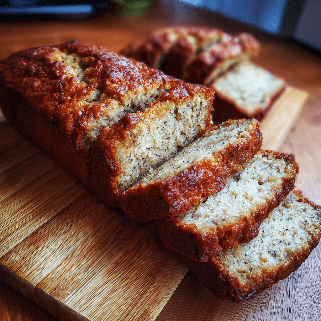 Sliced cottage cheese banana bread no flour on wooden board