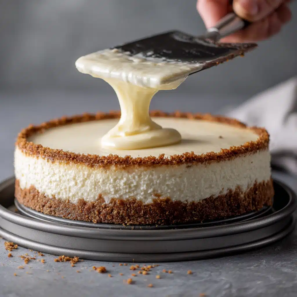Spreading cottage cheese cheesecake no bake filling over graham crust in springform pan