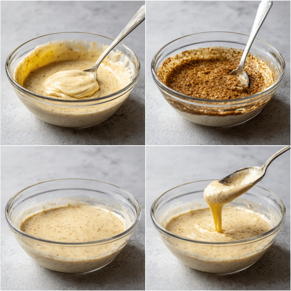 Step-by-step preparation of cottage cheese microwave brownie batter in a bowl