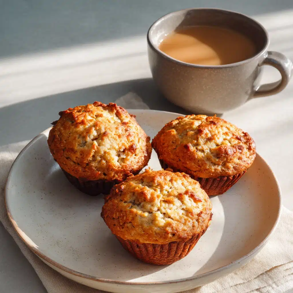 Three cottage cheese banana muffins with a cup of coffee