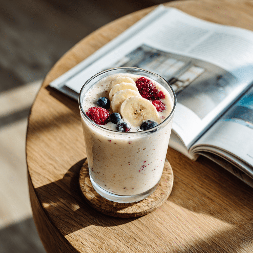 cottage cheese smoothie with banana, raspberries, and blueberries