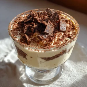 layered cottage cheese cocoa powder dessert with chocolate chunks