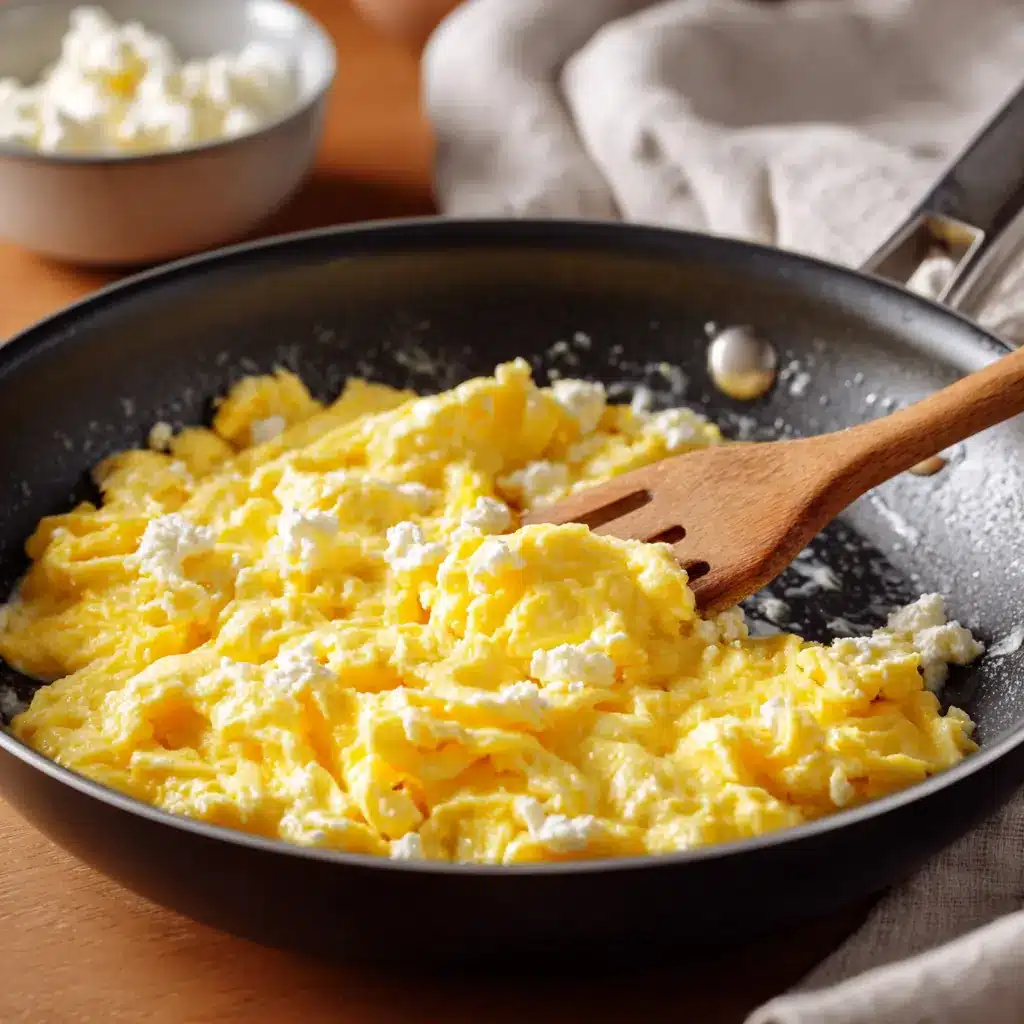 Adding cottage cheese to scrambled eggs in skillet