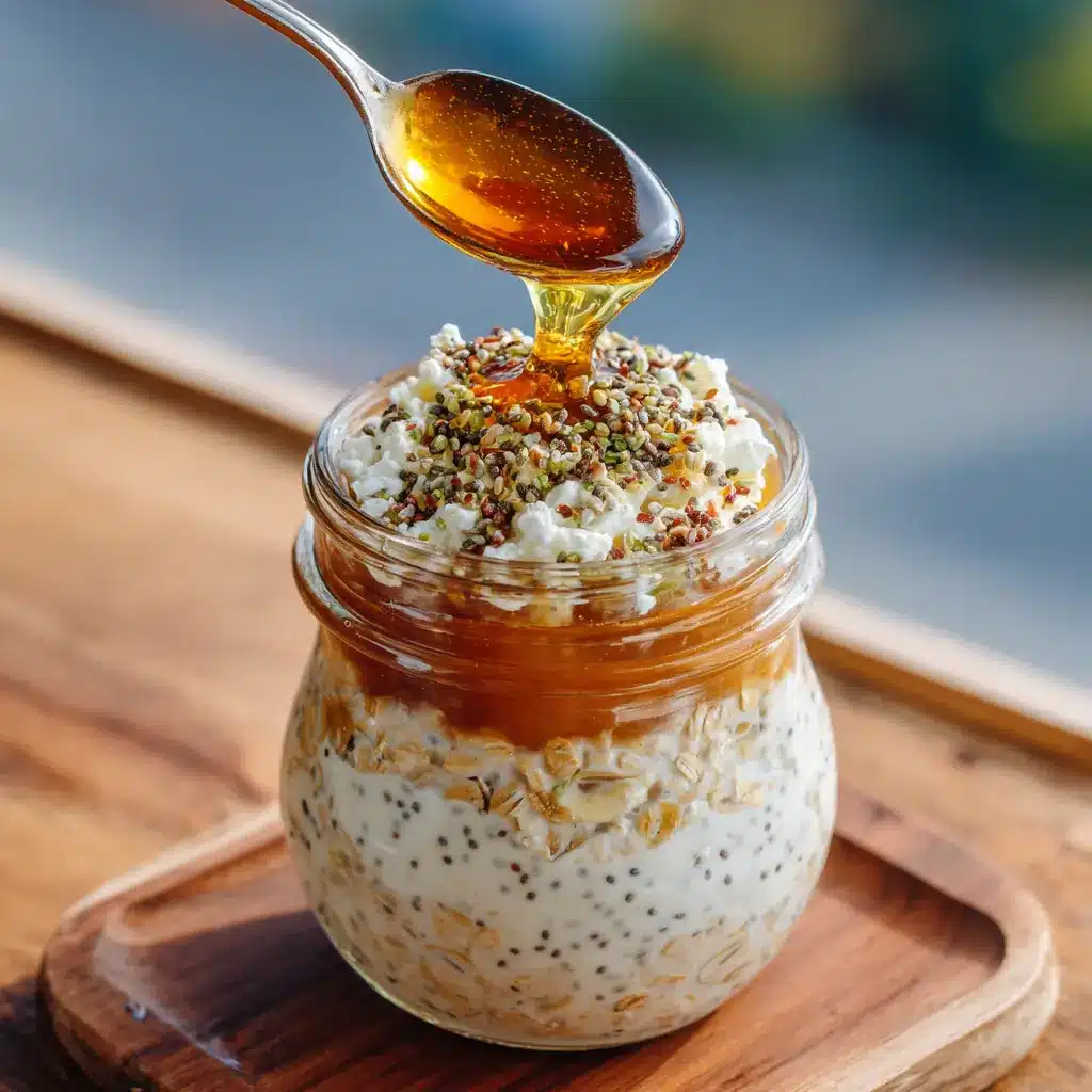 Cottage Cheese Overnight Oats in a jar topped with cottage cheese, seeds, and honey drizzle
