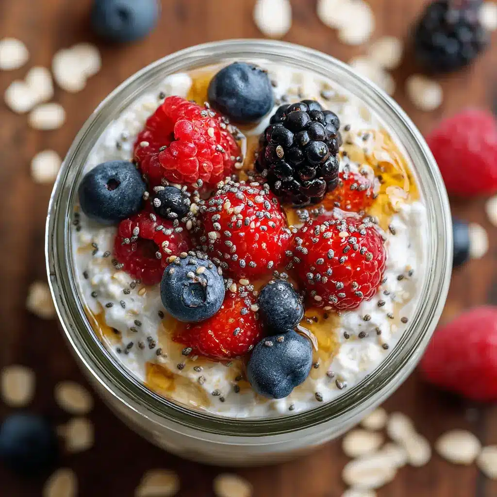 Cottage Cheese Overnight Oats topped with mixed berries and chia seeds