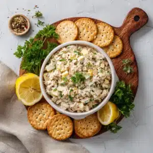 Cottage cheese tuna salad in a bowl with crackers and lemon