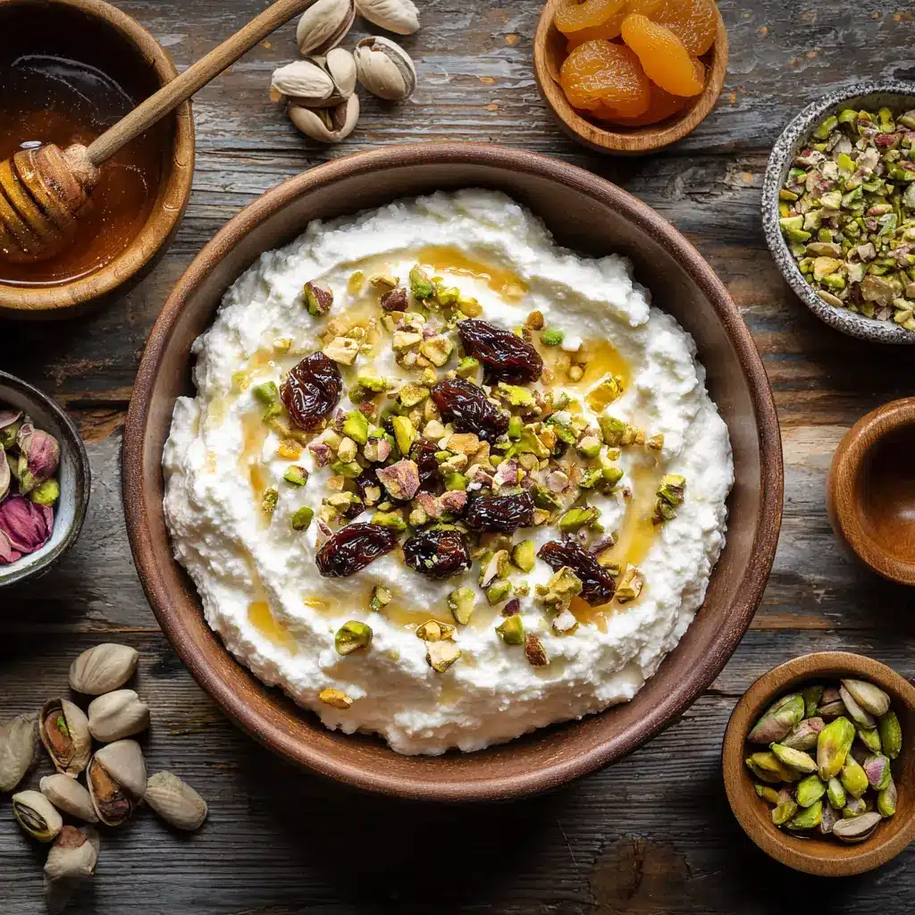 Creamy cottage cheese with dates, pistachios, and honey in a wooden bowl