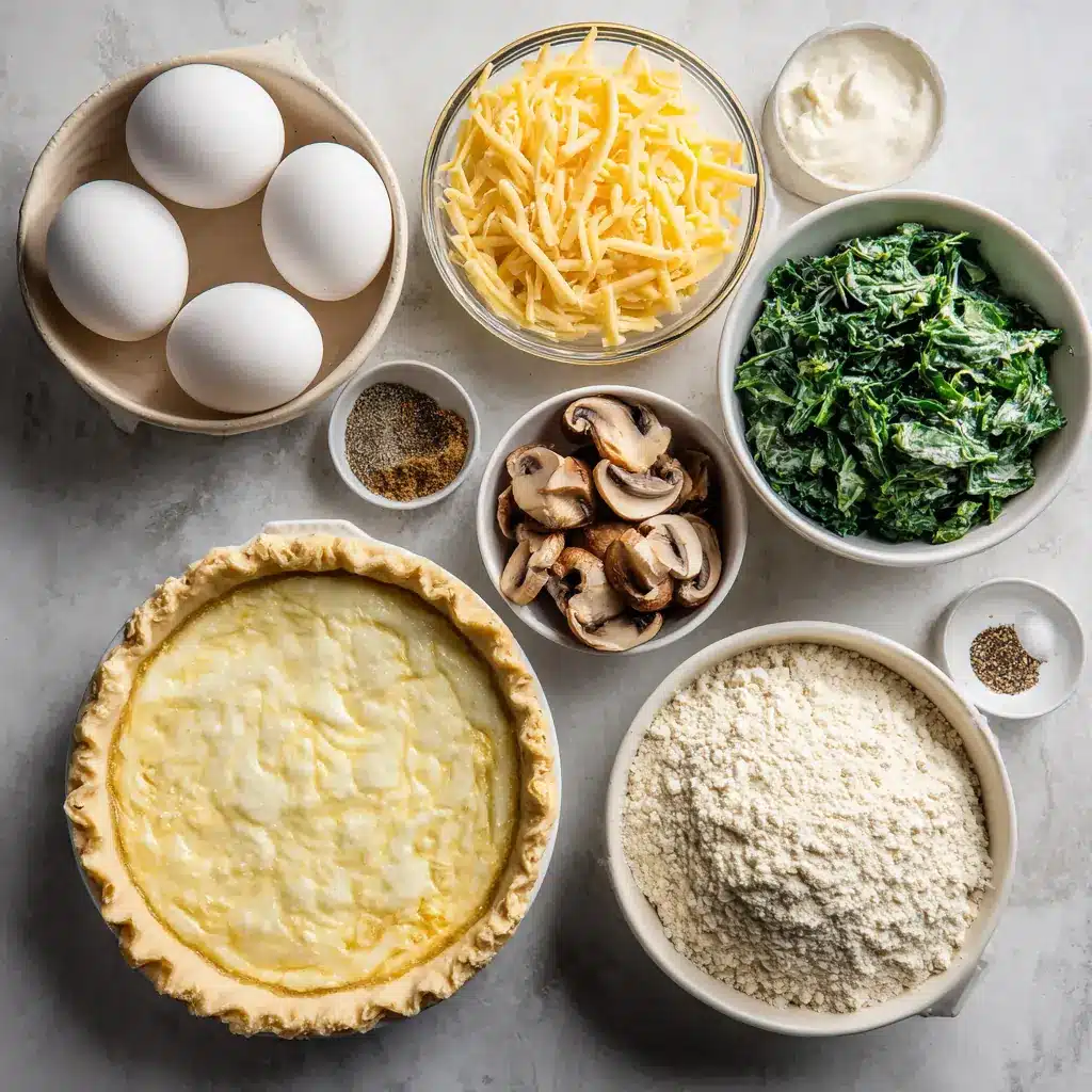 Ingredients for cottage cheese quiche laid out on marble surface