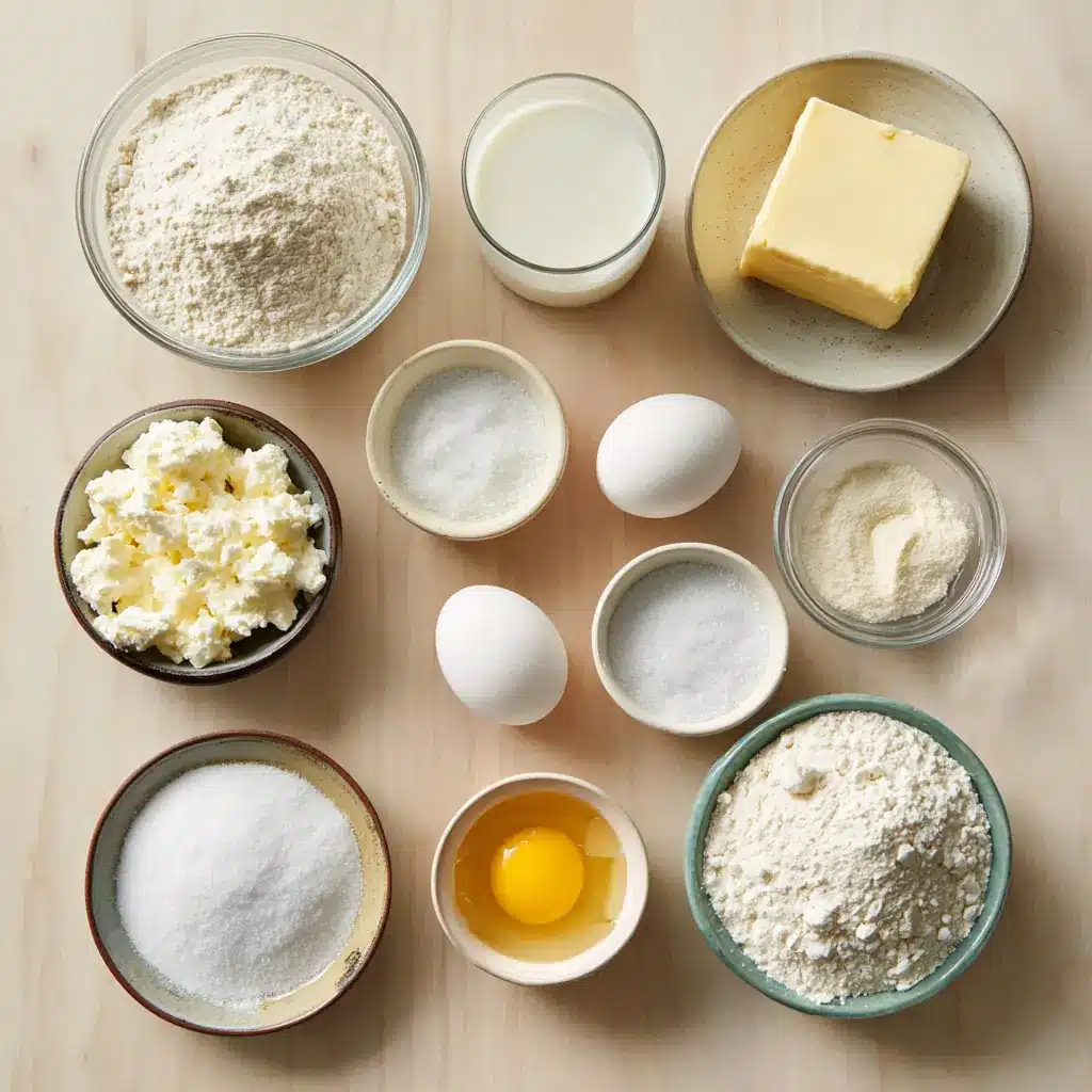 Ingredients for cottage cheese rolls on wooden surface