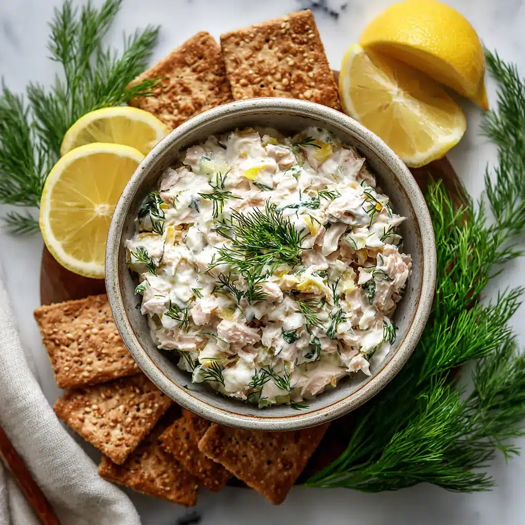 Overhead view of cottage cheese tuna salad with dill, lemon, and crackers Overhead view of cottage cheese tuna salad with dill, lemon, and crackers