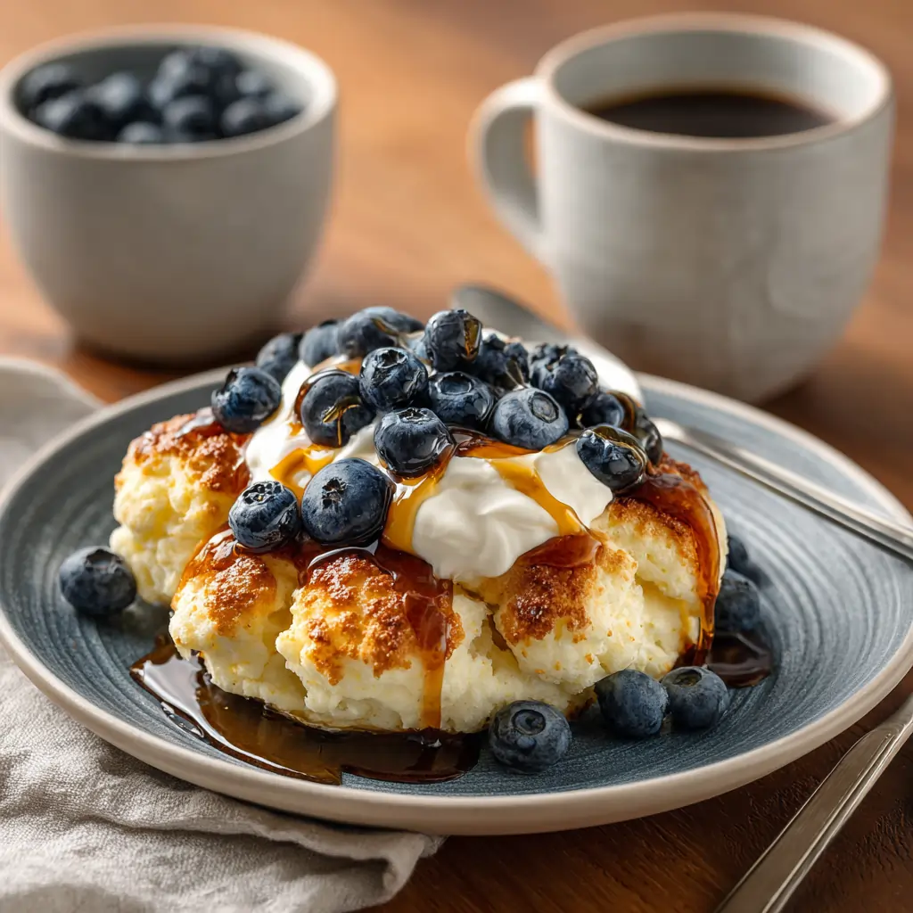 Plated cottage cheese cloud bread with blueberries, yogurt, and syrup