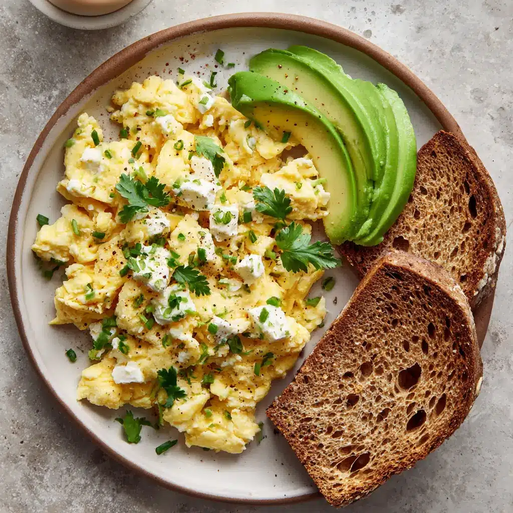 Scrambled eggs with cottage cheese, avocado, and toast