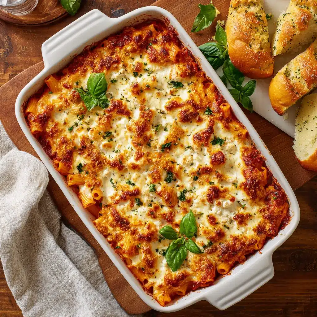 baked ziti with cottage cheese fresh from oven with golden melted cheese