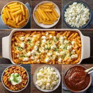 baked ziti with cottage cheese recipe card layout with ingredients and finished dish