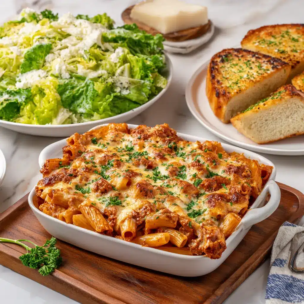 baked ziti with cottage cheese served with Caesar salad and garlic bread