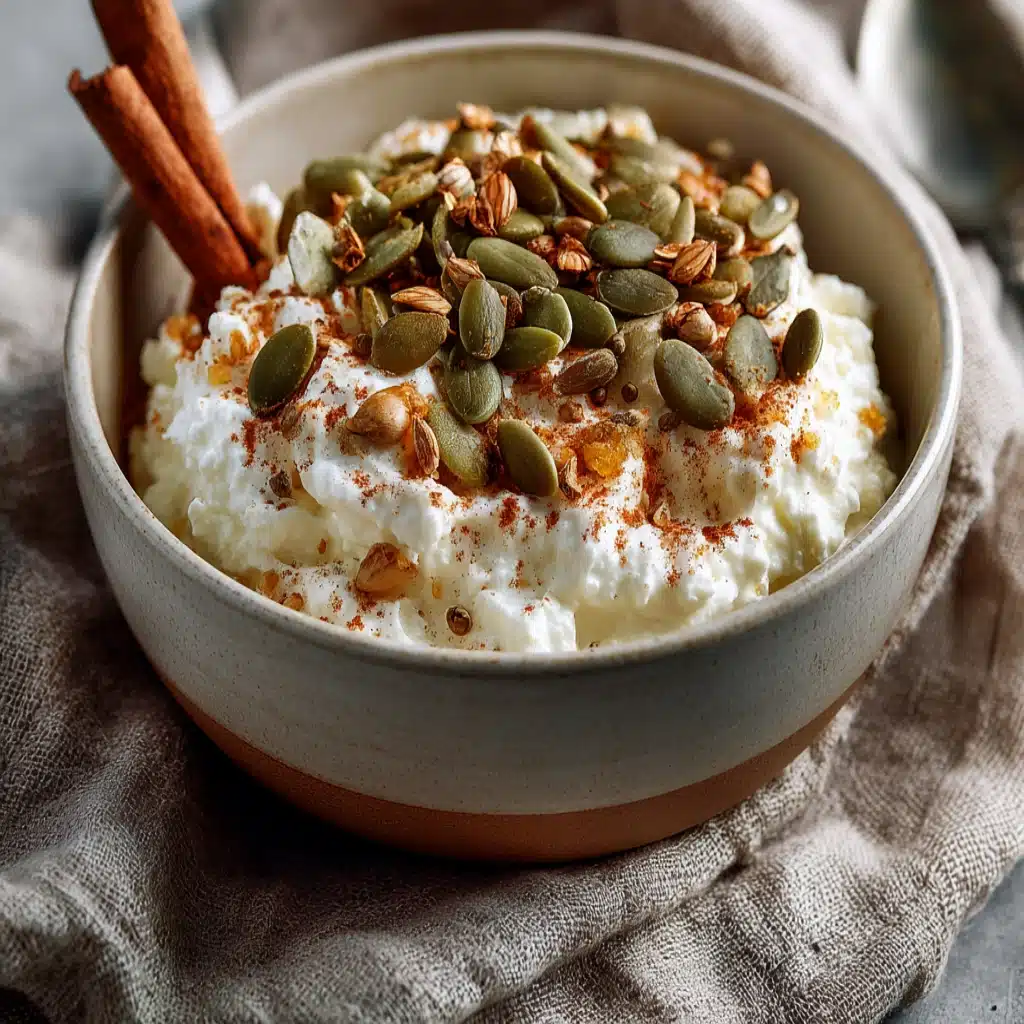 cottage cheese pumpkin dessert with cinnamon sticks and pumpkin seeds