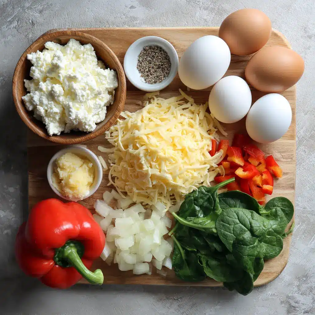 ingredients for cottage cheese frittata on cutting board