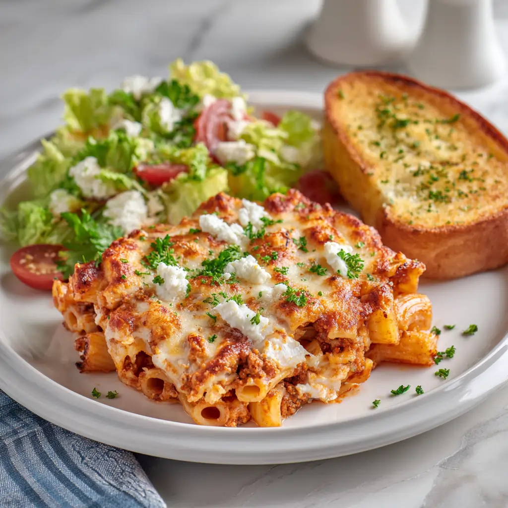plated baked ziti with cottage cheese served with salad and garlic bread