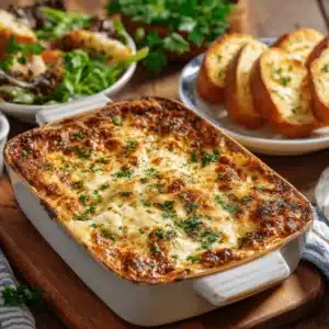 rustic baking dish of freshly baked cottage cheese lasagna with garlic bread