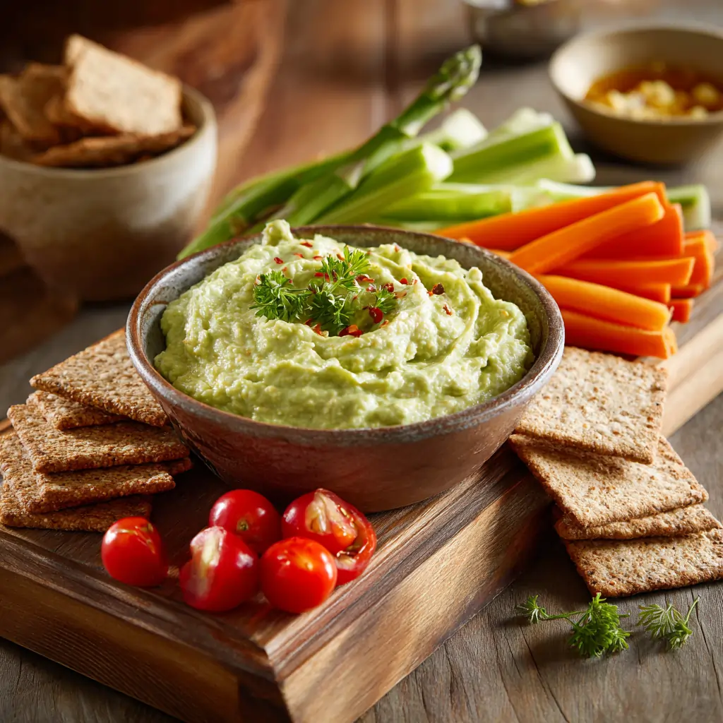 Avocado cottage cheese dip served with fresh vegetables, crackers, and tomatoes