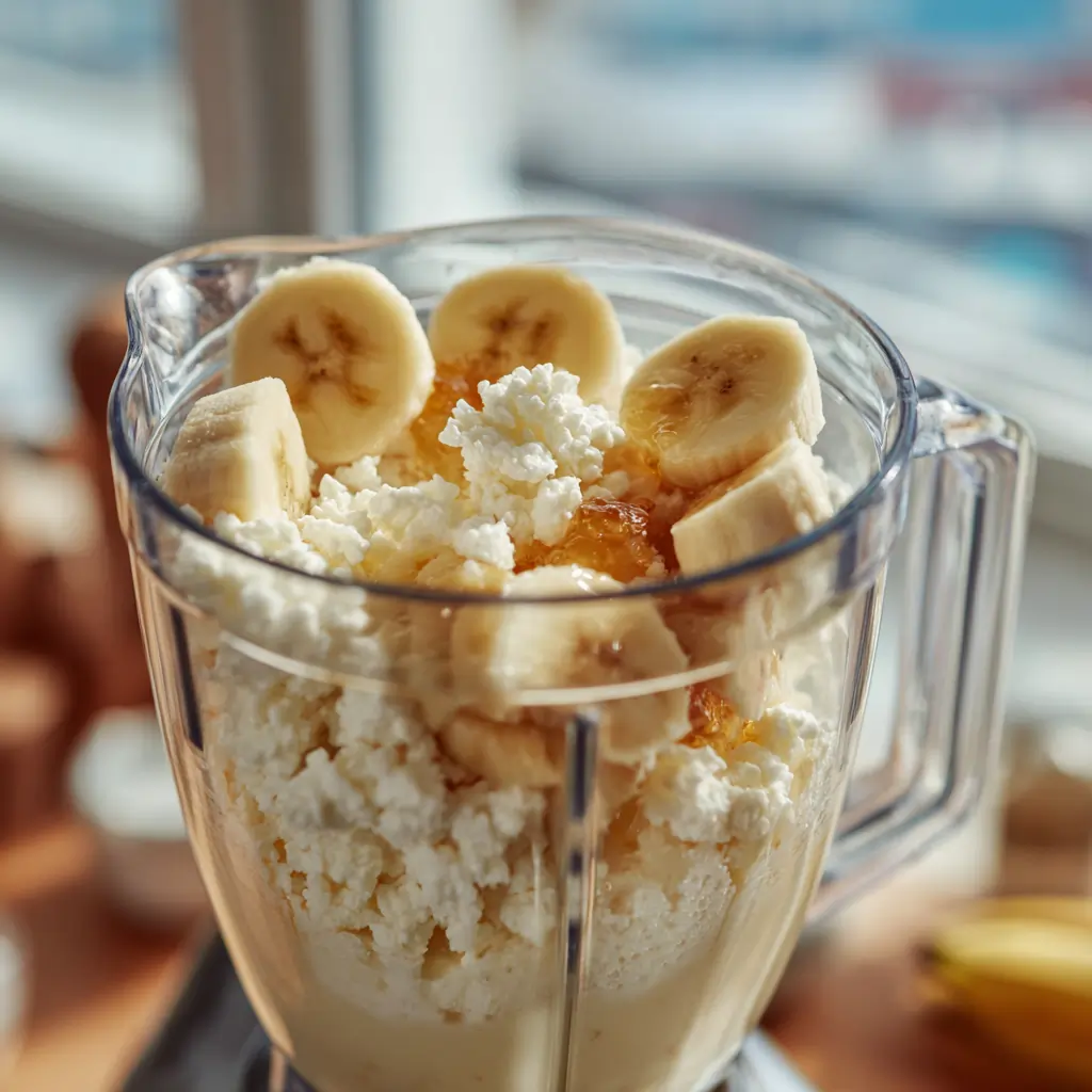 Blending cottage cheese, bananas, and honey to make Cottage Cheese Banana Pudding Blending cottage cheese, bananas, and honey to make Cottage Cheese Banana Pudding
